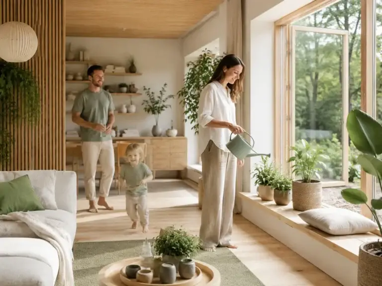 Gezin in een lichte duurzame woning terwijl planten worden verzorgd bij een open raam.