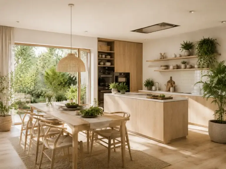 Moderne duurzame keuken met licht hout, energiezuinige apparatuur, planten en een natuurlijke eethoek.