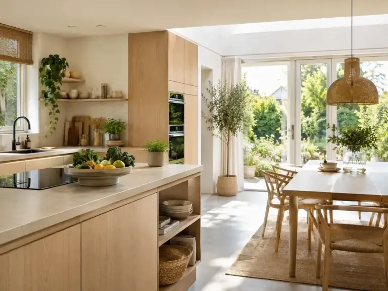 Moderne duurzame keuken met licht hout, energiezuinige apparatuur, verse groenten en uitzicht op een groene tuin.