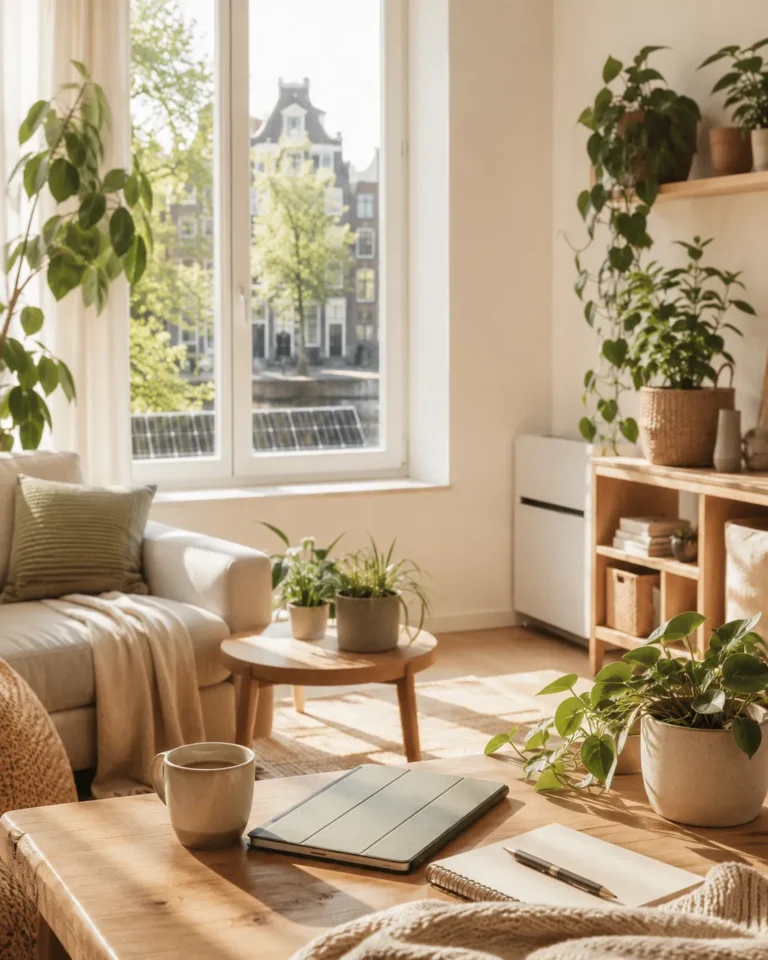 Duurzame woonkamer die de woonvisie van Thuis Eco ondersteunt