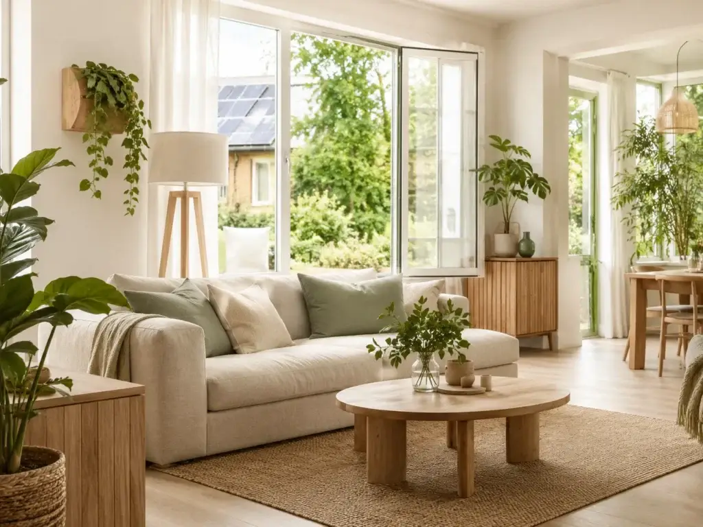 Lichte duurzame woonkamer met open ramen, groene planten en natuurlijke materialen.