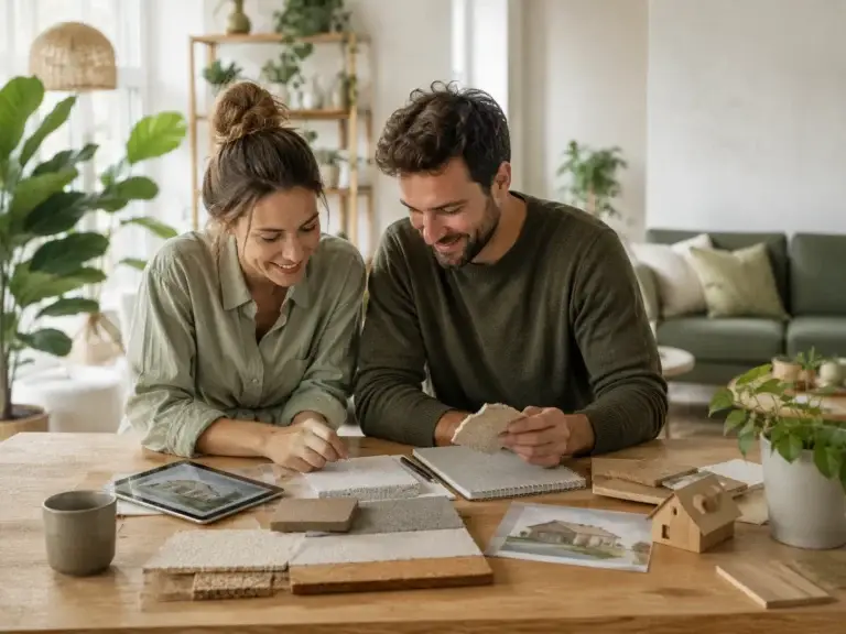 Stel vergelijkt duurzame bouwmaterialen en woningideeën aan een houten tafel in een lichte, groene woonkamer.