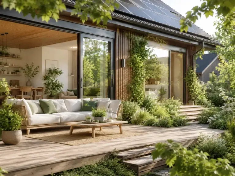 Moderne duurzame woning met zonnepanelen, grote ramen, houten terras en een groene natuurlijke tuin.