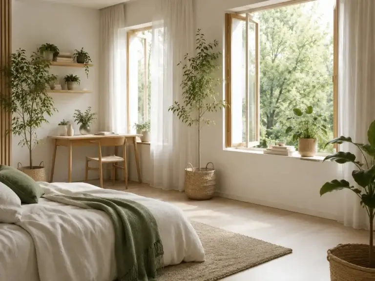Rustige slaapkamer met open ramen, natuurlijke materialen, planten en veel frisse buitenlucht.