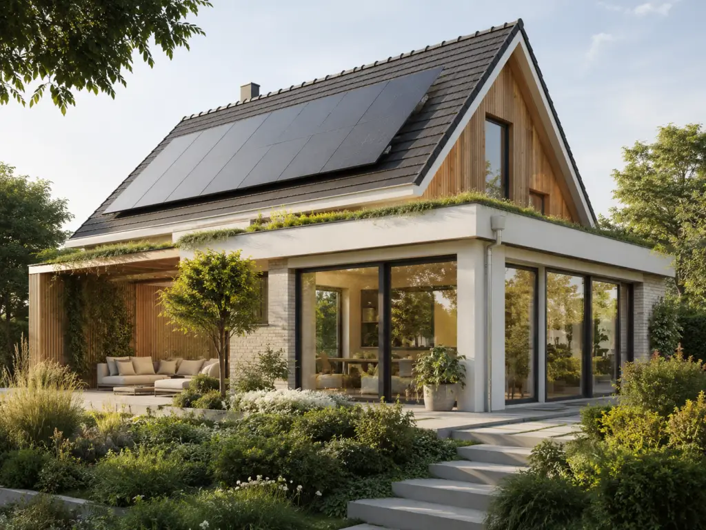 Moderne energiezuinige woning met zonnepanelen, grote ramen, houten gevelbekleding en een groene tuin.