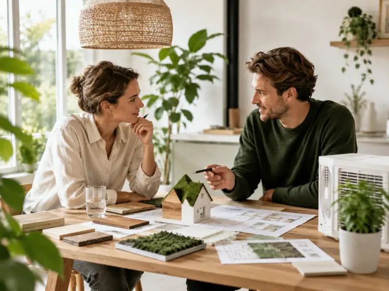 Twee personen bespreken energiebesparing, ventilatie en duurzame materialen aan een tafel met een woningmodel.