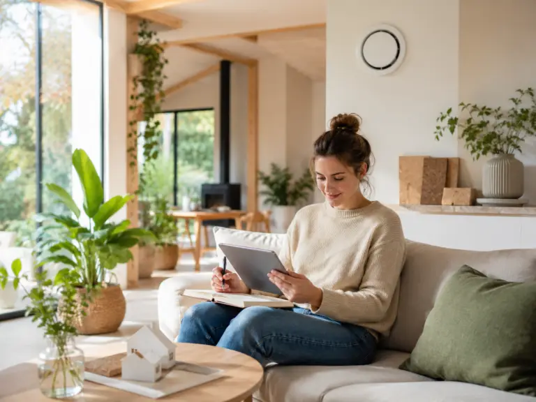 Vrouw bekijkt duurzame wooninformatie op een tablet in een lichte woonkamer