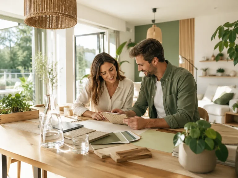 Stel bespreekt duurzame materialen en woonoplossingen in een lichte woning met planten en natuurlijke elementen.