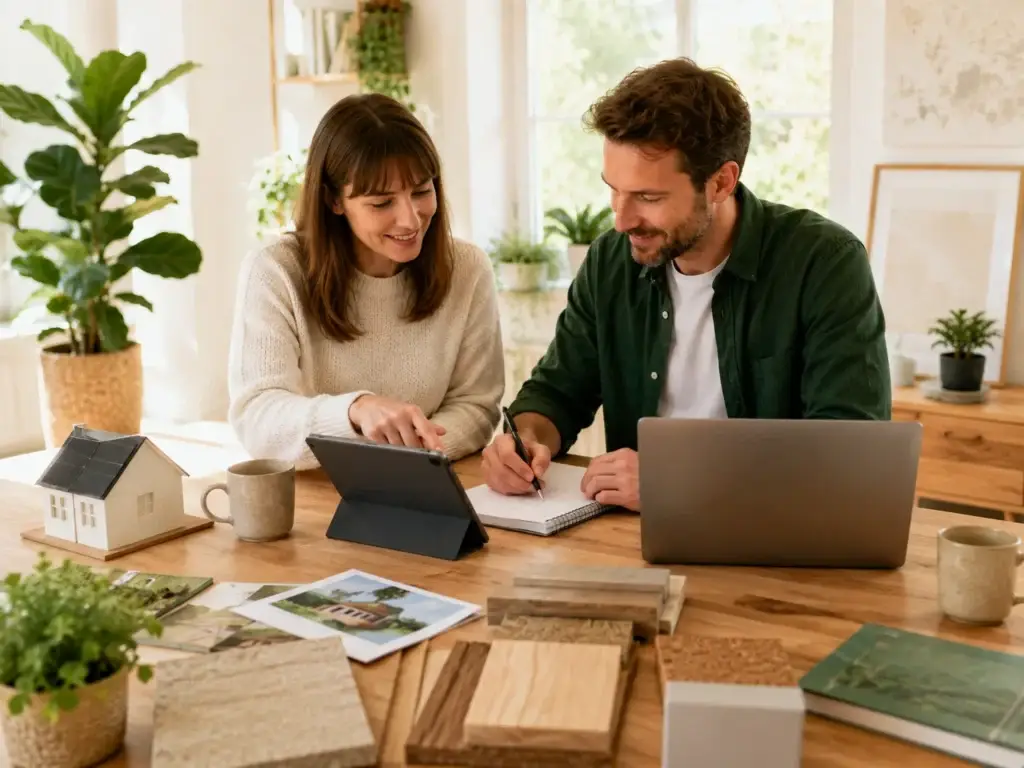 Twee professionals bespreken een duurzaam woonvoorstel met een tablet, laptop en natuurlijke bouwmaterialen.