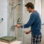 Nederlandse badkamer met waterbesparende douchekop, douchetimer en zuinig toilet. water besparen in huis