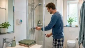 Nederlandse badkamer met waterbesparende douchekop, douchetimer en zuinig toilet. water besparen in huis