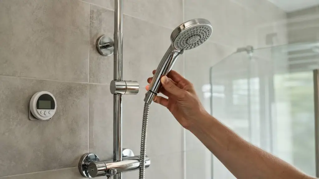 Bewoner monteert een waterbesparende douchekop om minder water en energie te gebruiken. water besparen in huis