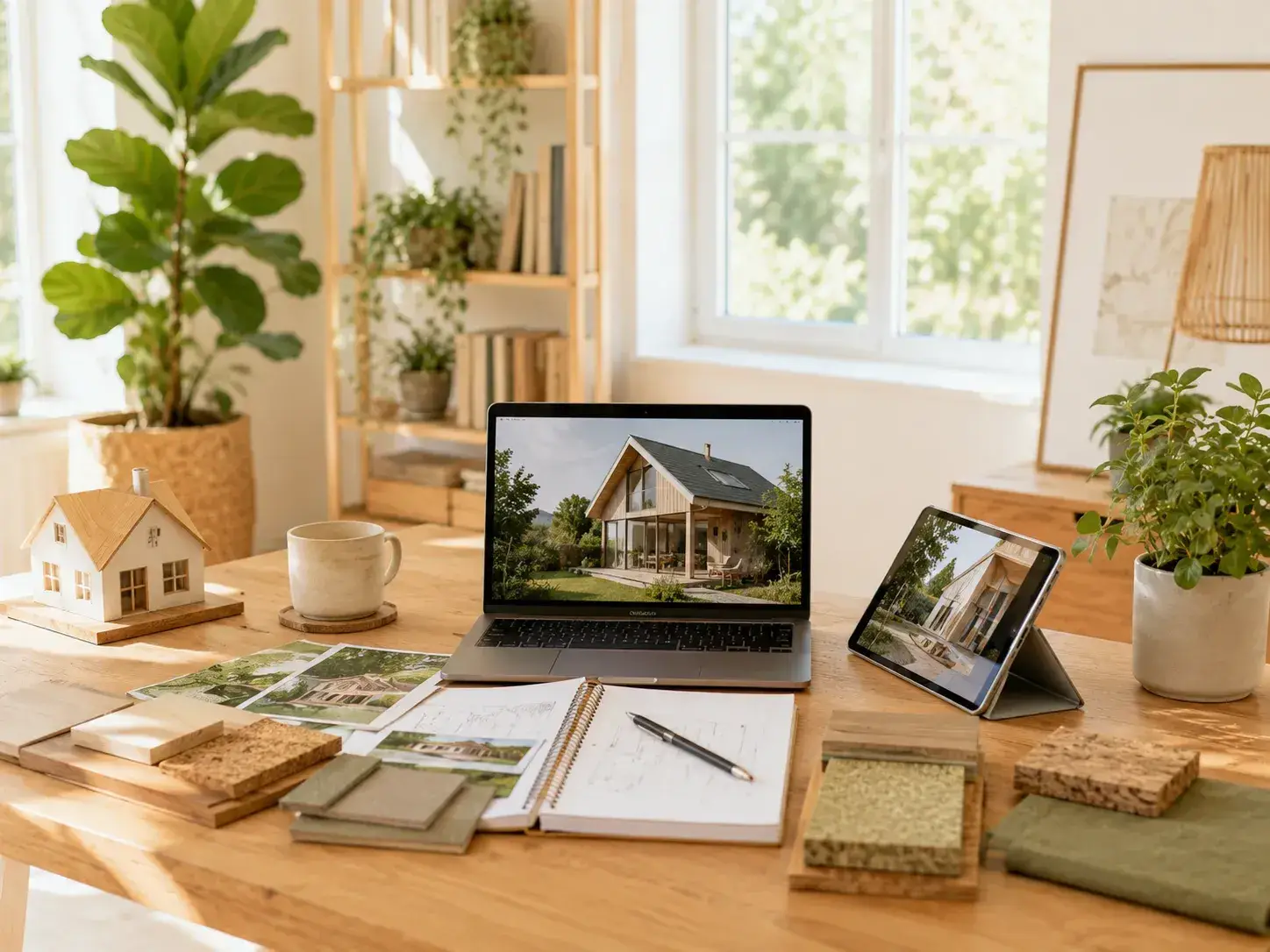 Lichte werkplek met laptop, tablet, woningmodel, ontwerptekeningen en duurzame materiaalstalen.